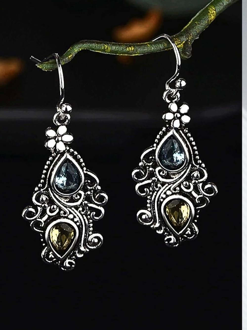Whimsygoth Drop Earrings Vintage Inspired Silver Openwork Blue Green Stonework